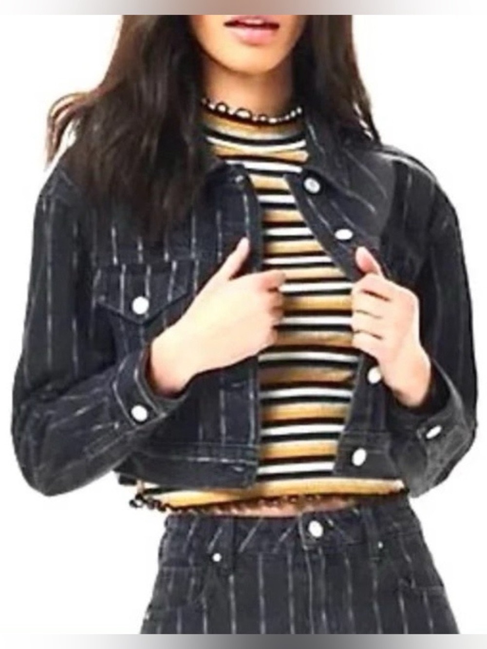 Pacsun Size XS/S Black White Salem Striped Cropped Button Front Denim Jacket